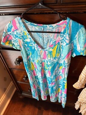 Lilly Pulitzer Multicolor Tropical Print V-Neck Dress - Turquoise, Pink, Yellow